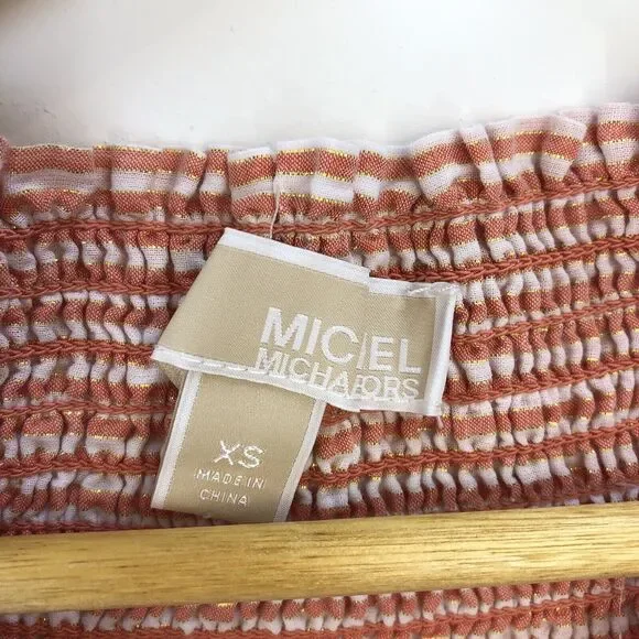 MICHAEL Kors Top XSMALL Cerise Pink White Candy Striped Off-Shoulder Designer - Picture 5 of 7